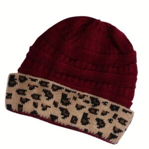 Leopard Trim Wine Red Beanie